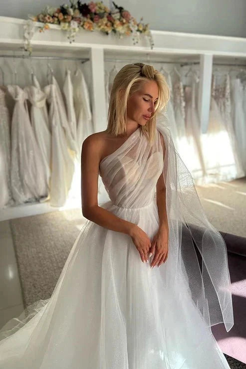 Glitter One Shoulder Bowknot Tulle Wedding Dress Bridal Gowns With Train