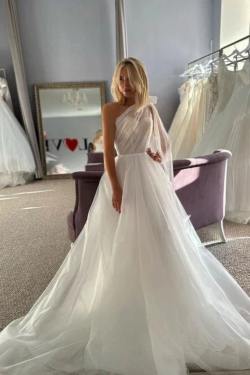 Glitter One Shoulder Bowknot Tulle Wedding Dress Bridal Gowns With Train