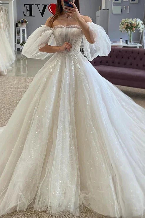 Glitter Tulle A-Line Off-Shoulder Appliques With Train Sheer Wedding Dress