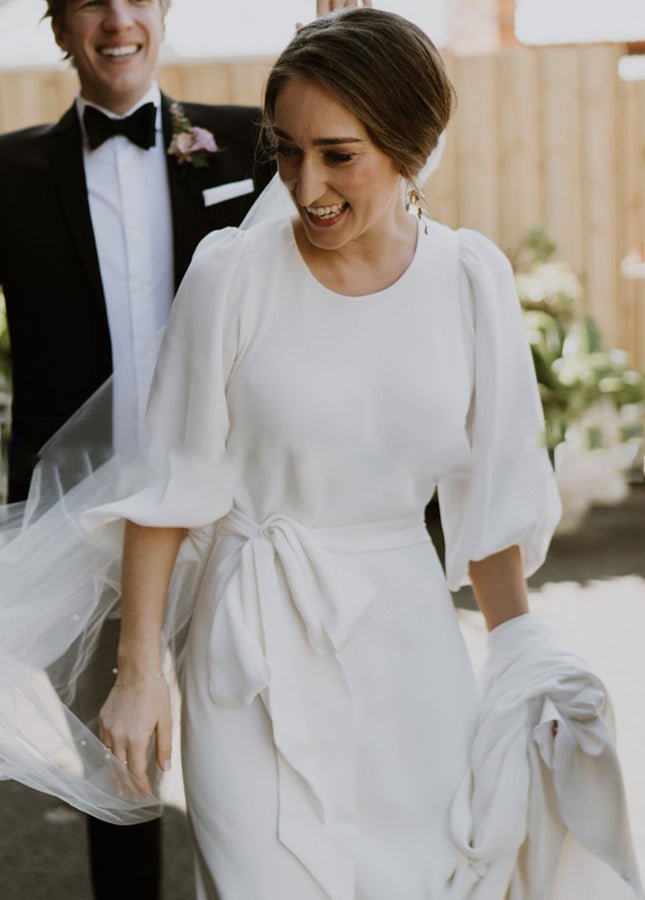 Simple Elegant Half Sleeves Crepe O-Neck White Wedding Dresses with Sash