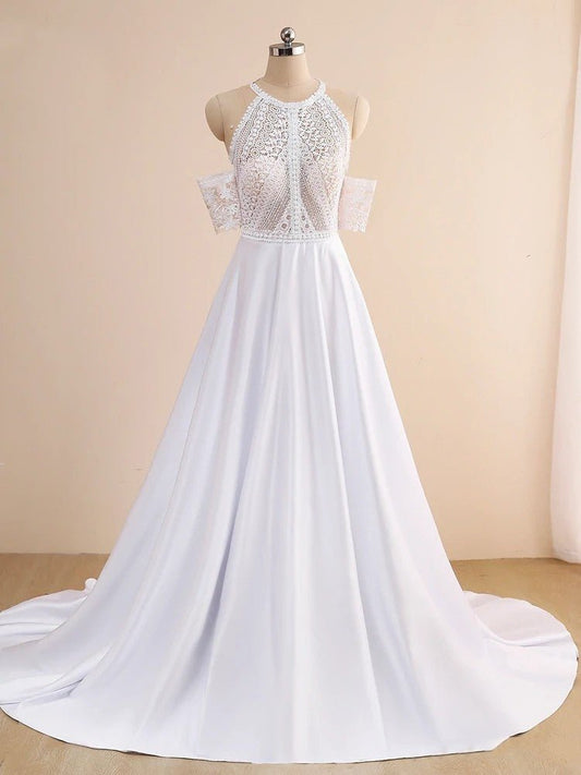 Lace Appliques A-Line Sleeveless Boho Off the Shoulder Wedding Dresses