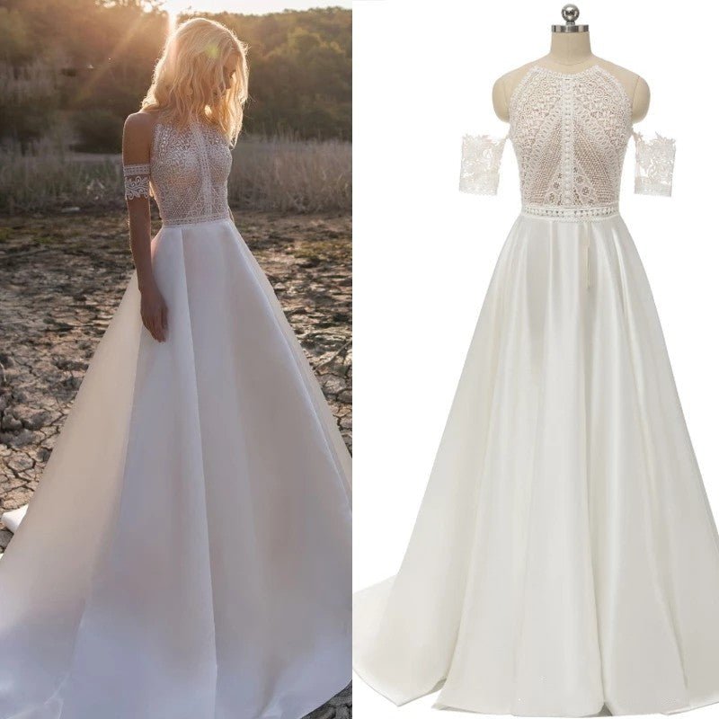 Lace Appliques A-Line Sleeveless Boho Off the Shoulder Wedding Dresses