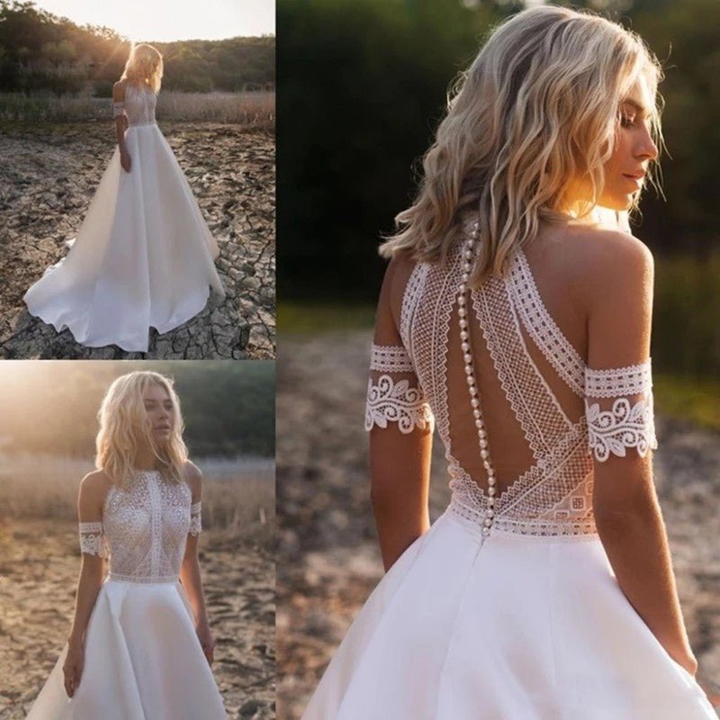 Lace Appliques A-Line Sleeveless Boho Off the Shoulder Wedding Dresses