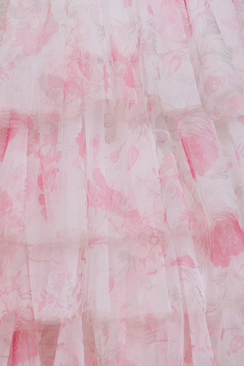 Inari | Pink - A Line Floral Tulle Ruffles Halter Long Prom Dresses with Beads