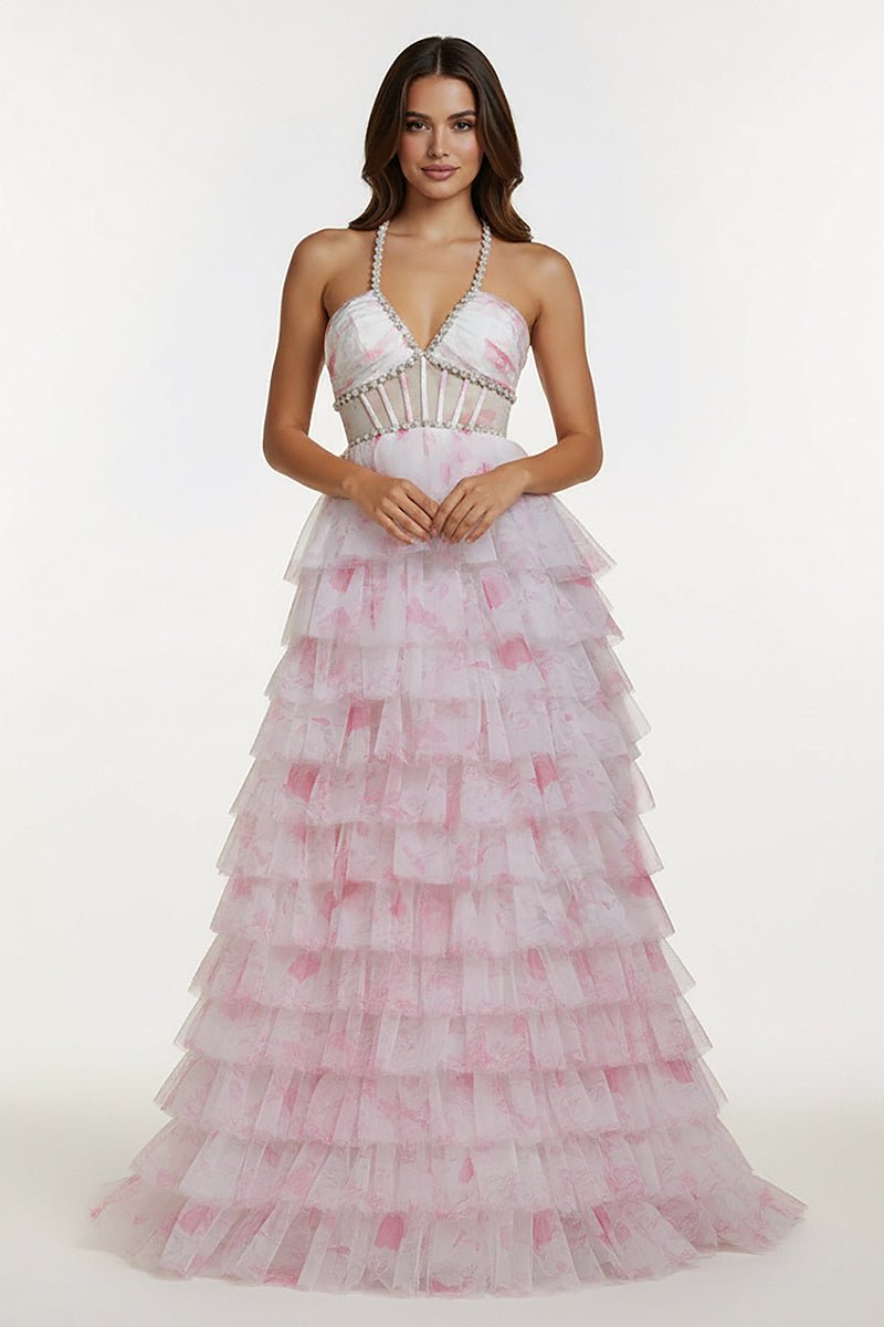 Inari | Pink - A Line Floral Tulle Ruffles Halter Long Prom Dresses with Beads