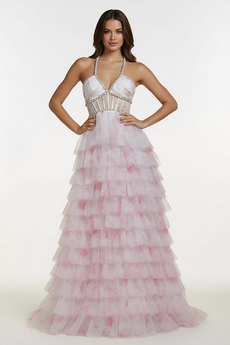 Inari | Pink - A Line Floral Tulle Ruffles Halter Long Prom Dresses with Beads