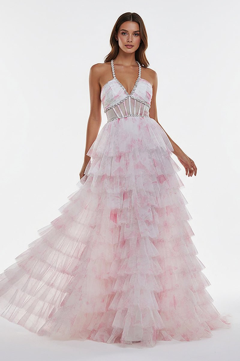 Inari | Pink - A Line Floral Tulle Ruffles Halter Long Prom Dresses with Beads