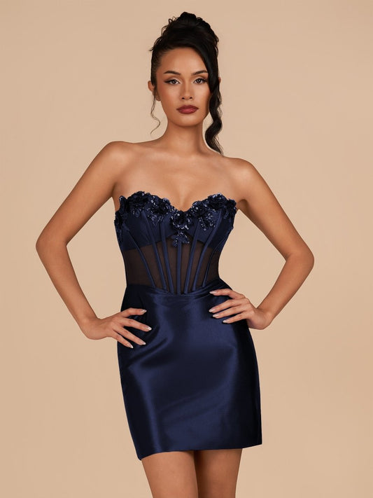 Indie | Navy Blue - Bodycon Sequined Flowers Corset Sweetheart Homecoming Dress