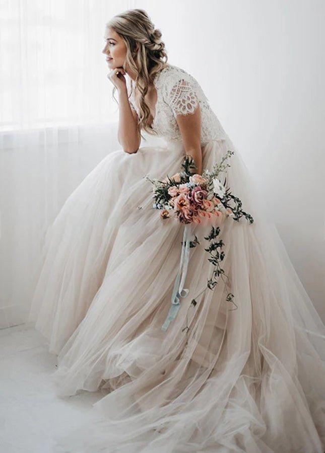 Light Champagne Tulle Lace A-Line Short Sleeves  Bohemian Women Wedding Dresses