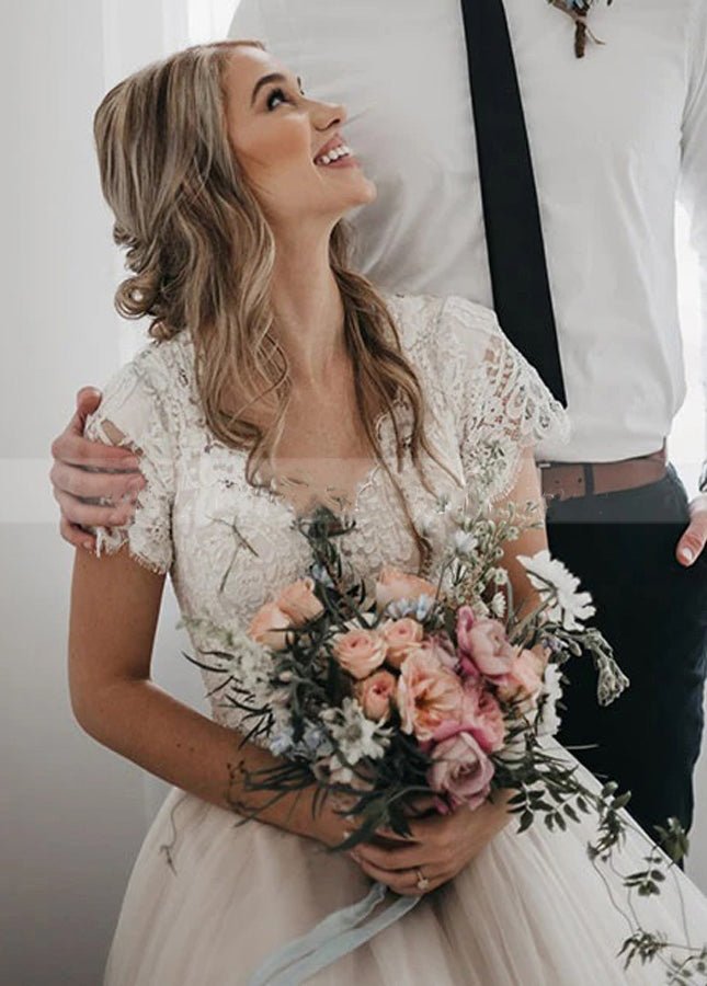 Light Champagne Tulle Lace A-Line Short Sleeves  Bohemian Women Wedding Dresses