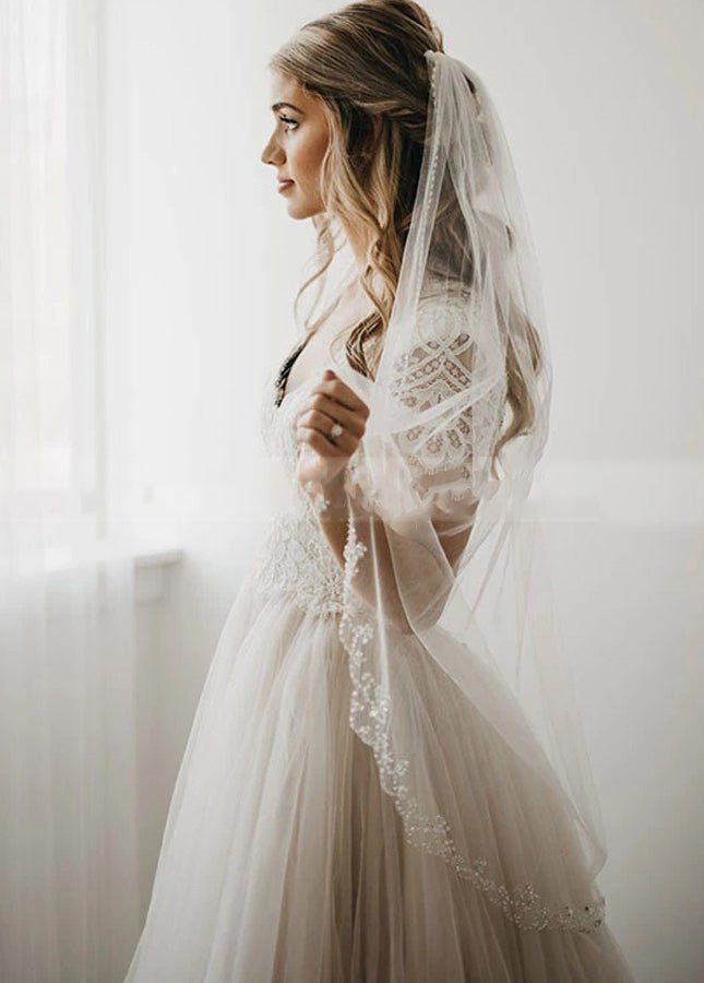 Light Champagne Tulle Lace A-Line Short Sleeves  Bohemian Women Wedding Dresses