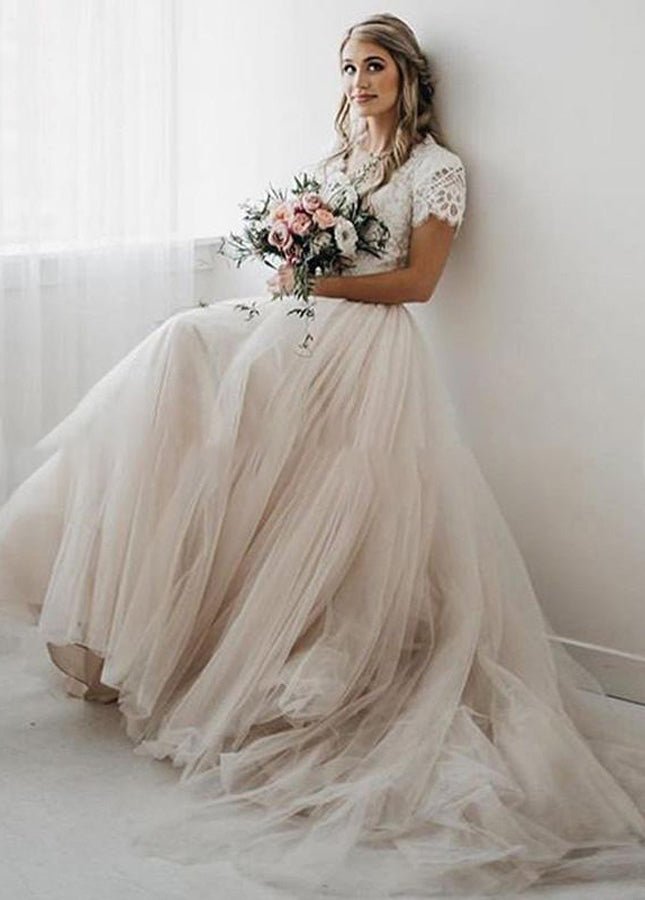 Light Champagne Tulle Lace A-Line Short Sleeves  Bohemian Women Wedding Dresses