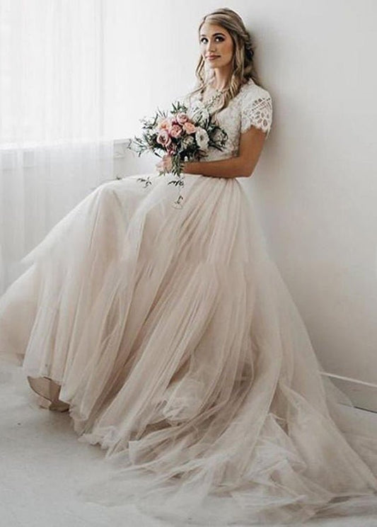Light Champagne Tulle Lace A-Line Short Sleeves  Bohemian Women Wedding Dresses