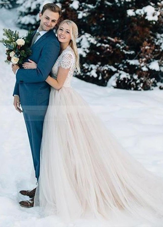 Light Champagne Tulle Lace A-Line Short Sleeves  Bohemian Women Wedding Dresses