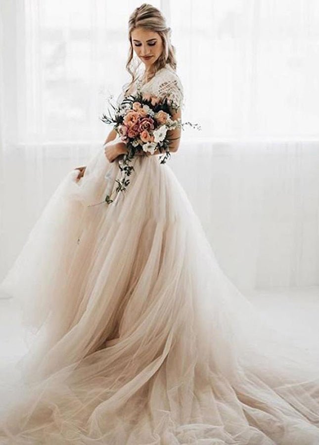 Light Champagne Tulle Lace A-Line Short Sleeves  Bohemian Women Wedding Dresses