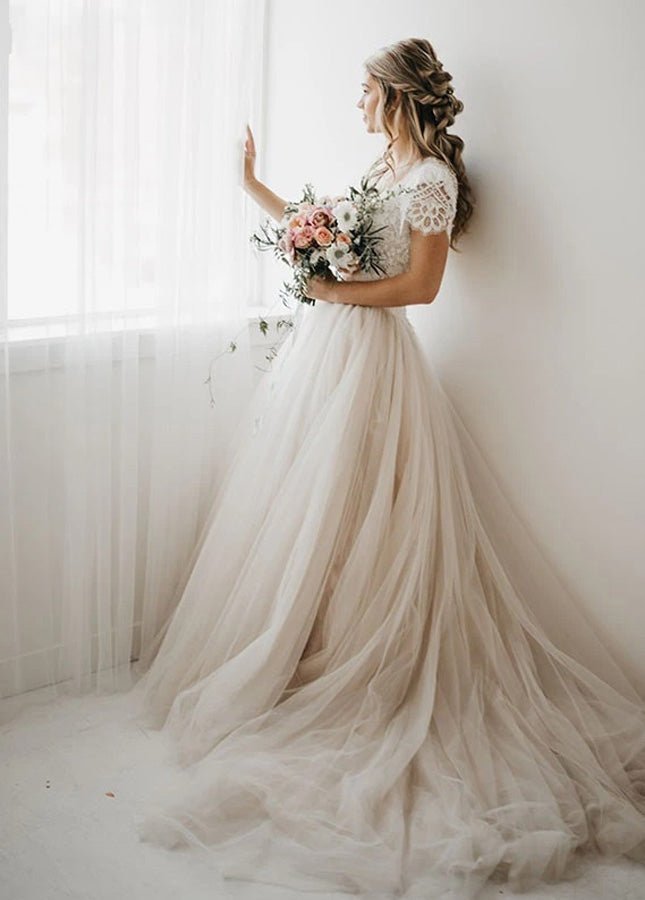 Light Champagne Tulle Lace A-Line Short Sleeves  Bohemian Women Wedding Dresses