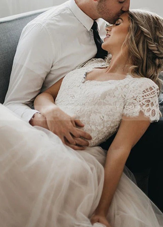 Light Champagne Tulle Lace A-Line Short Sleeves  Bohemian Women Wedding Dresses
