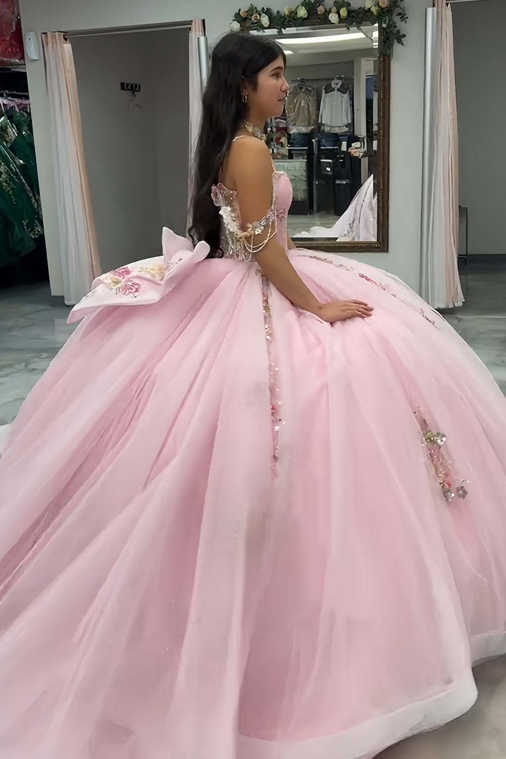 Liore | Pink - Off The Shoulder Tulle Beaded Quinceanera Dresses With Appliques