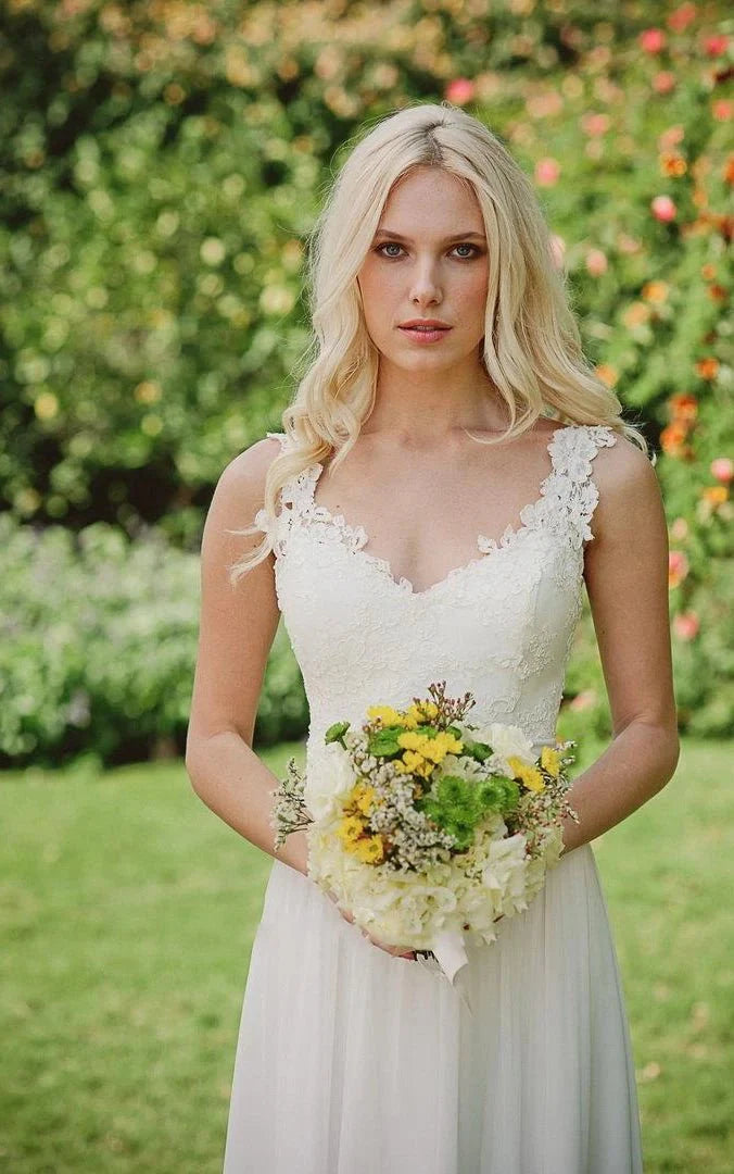 Long Chiffon Lace Weddig Dress With Beading Flower