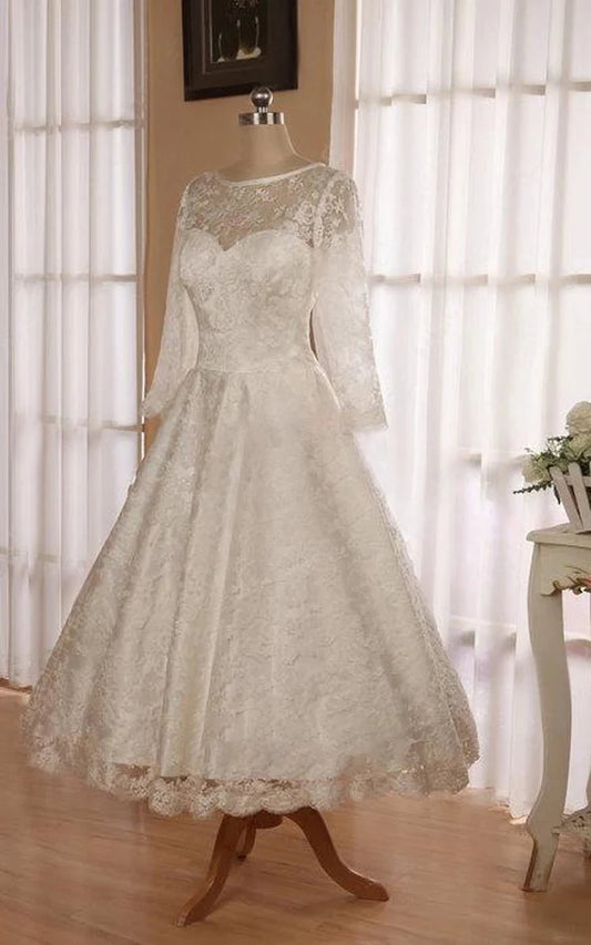 Low V Back Tea Length Lace Wedding Dress