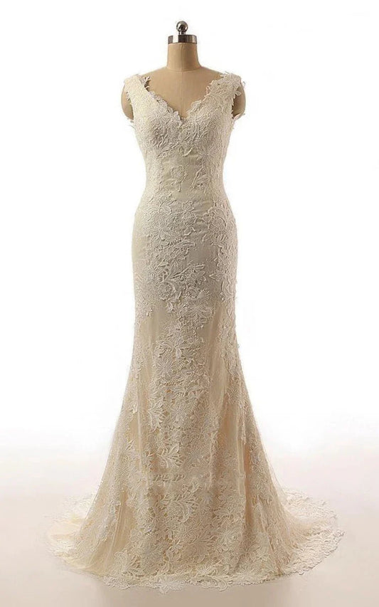 Mermaid Cap Sleeve Sweep Train Lace Wedding Dress