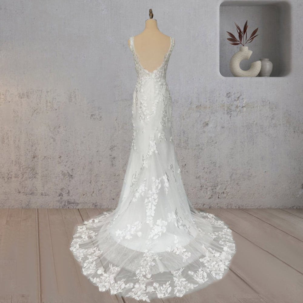 Mermaid Lace Illusion V Neck Sleeveless Backless Wedding Dress
