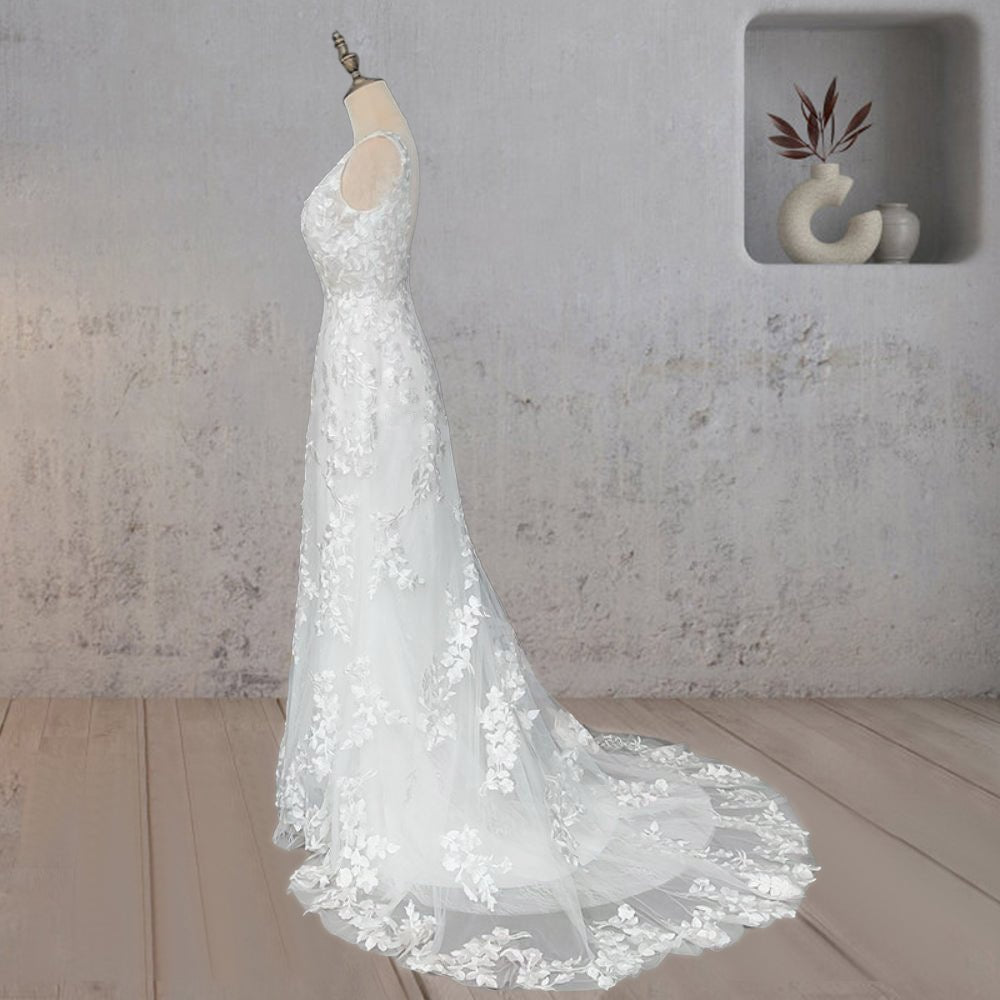 Mermaid Lace Illusion V Neck Sleeveless Backless Wedding Dress