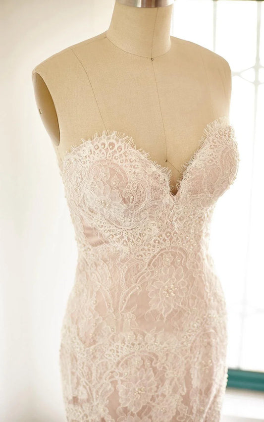 Mermaid Sweetheart Sleeveless Tulle Lace Wedding Dress with Beading