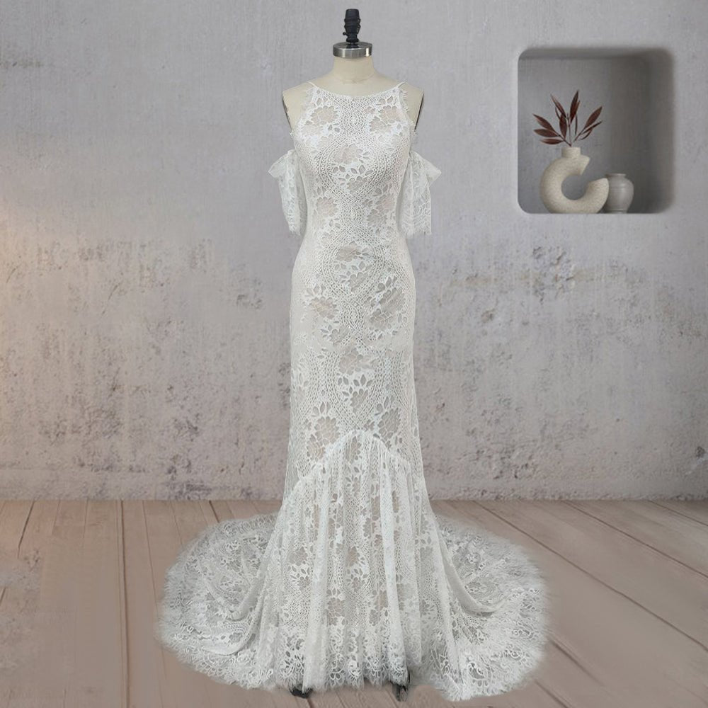 Mermaid White Halter Neck Lace Wedding Dress
