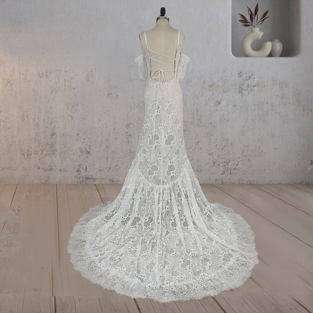 Mermaid White Halter Neck Lace Wedding Dress