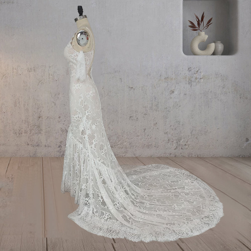 Mermaid White Halter Neck Lace Wedding Dress