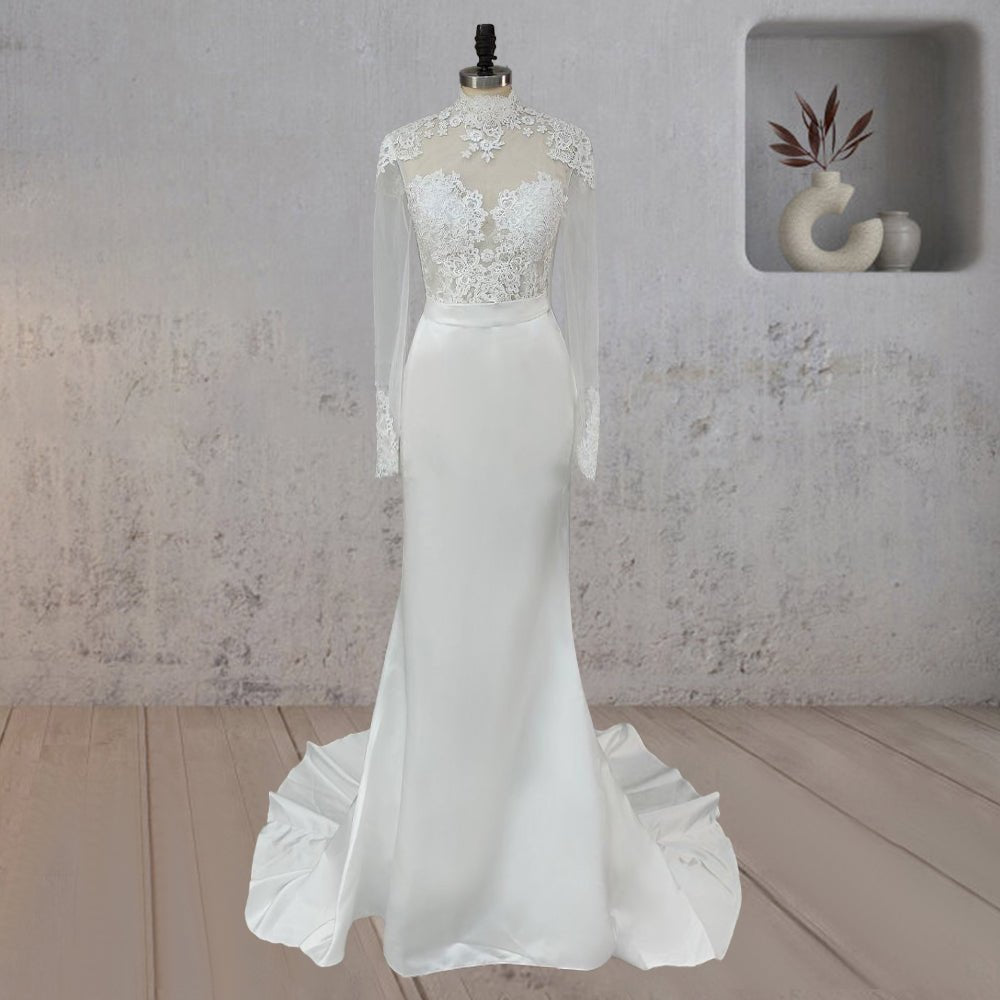 Mermaid White Lace Covered Button Back Wedding Dress