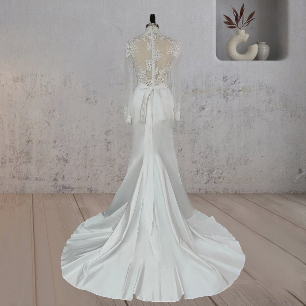 Mermaid White Lace Covered Button Back Wedding Dress