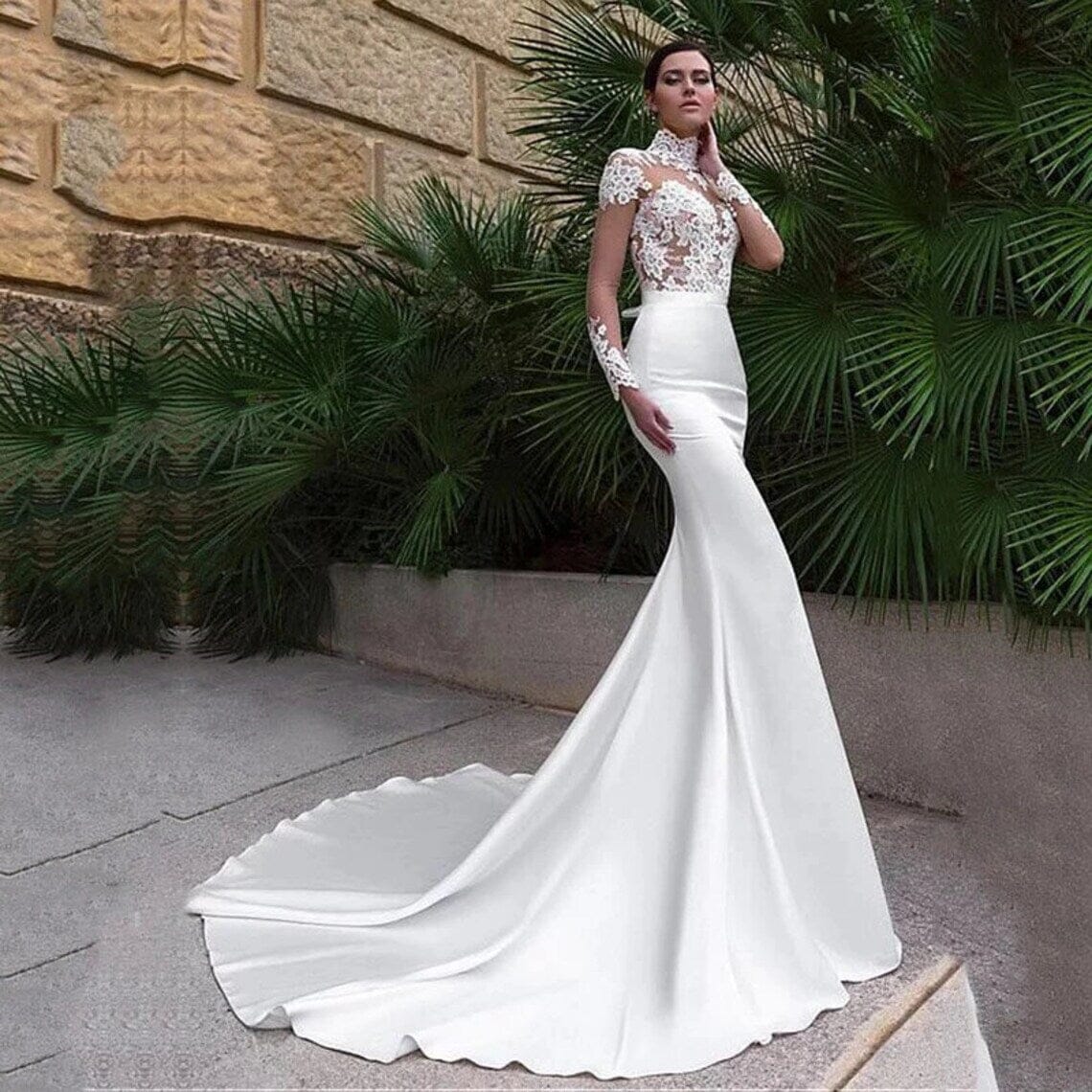 Mermaid White Lace Covered Button Back Wedding Dress