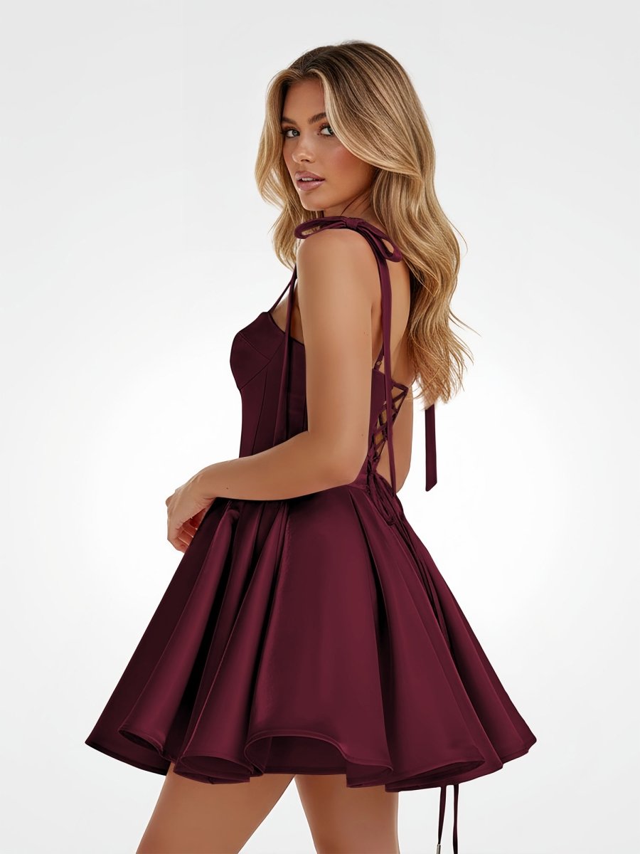 Mirel | Burgundy - Spaghetti Straps Satin Pleated A Line Homecoming Dresses With Bow
