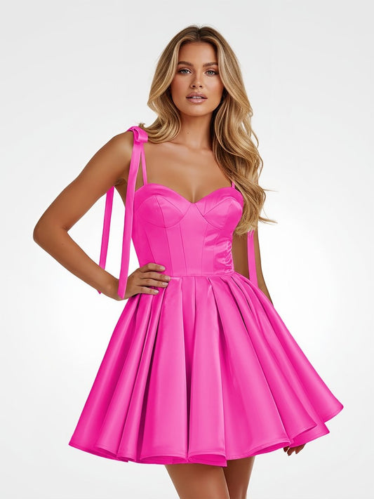 Mirel | Hot Pink - Spaghetti Straps Satin Pleated A Line Homecoming Dresses With Bow