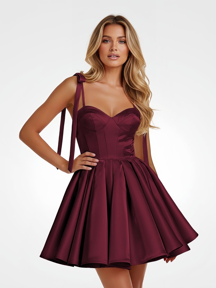 Mirel | Burgundy - Spaghetti Straps Satin Pleated A Line Homecoming Dresses With Bow