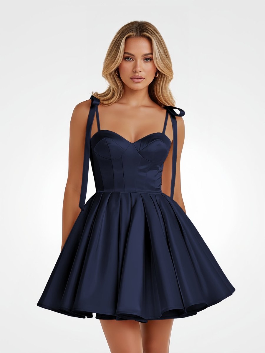 Mirel | Navy Blue - Spaghetti Straps Satin Pleated A Line Homecoming Dresses With Bow