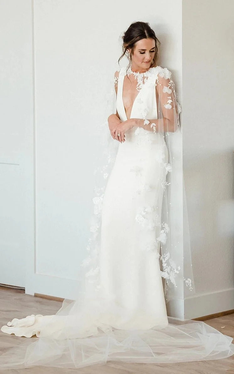 Modern Sheath V-neck Satin Sweep Train Wedding Dress