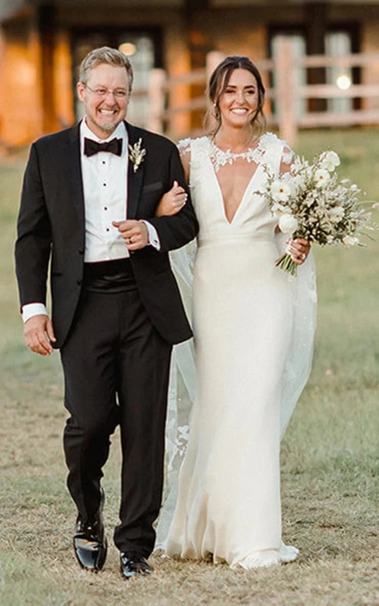 Modern Sheath V-neck Satin Sweep Train Wedding Dress