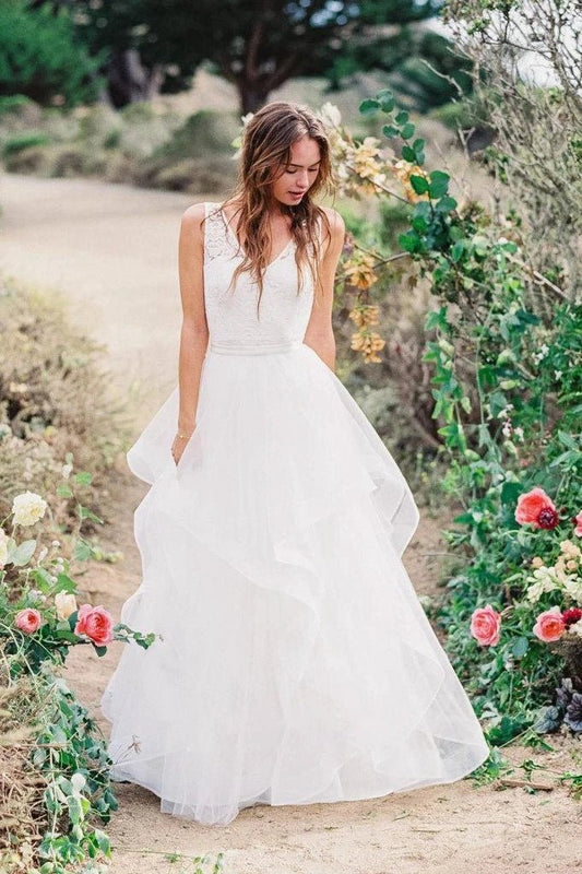Multi Layered V-neck Tulle Wedding Dress With Ruffles