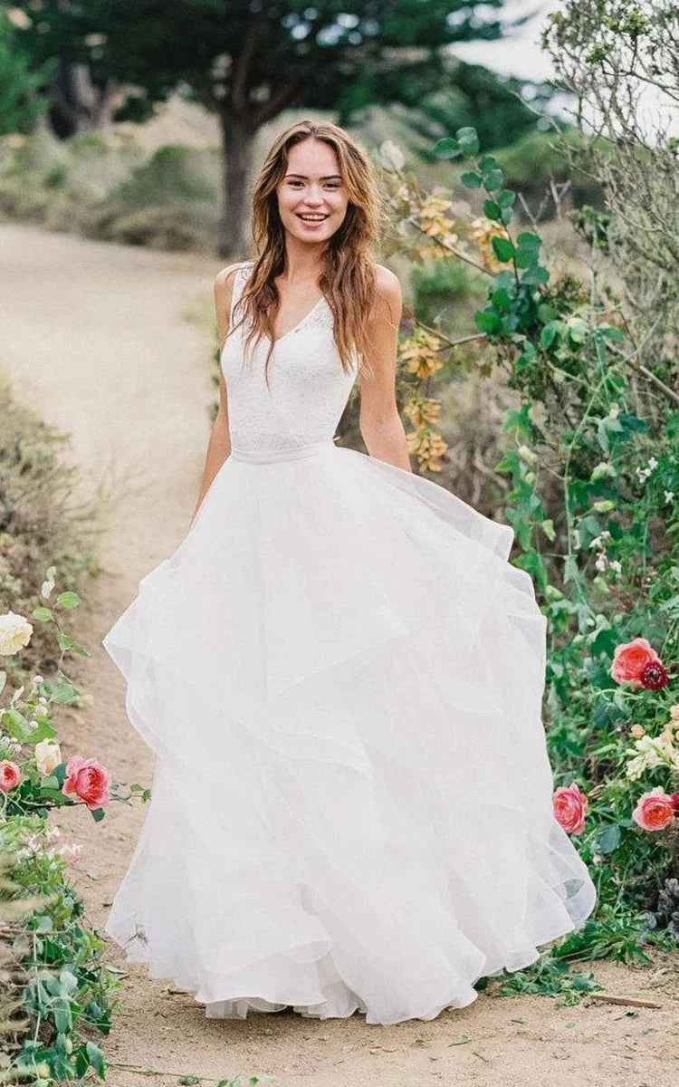 Multi Layered V-neck Tulle Wedding Dress With Ruffles