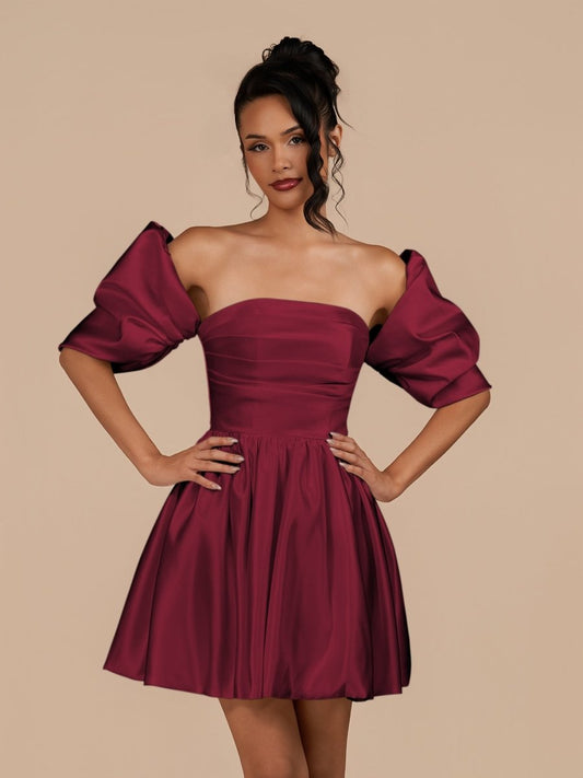 Perenna | Burgundy - A Line Satin Square Neck Puffed Sleeves Short Homecoming Dresses