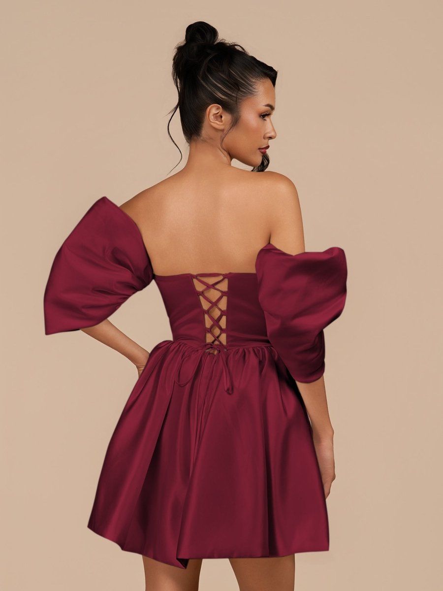Perenna | Burgundy - A Line Satin Square Neck Puffed Sleeves Short Homecoming Dresses