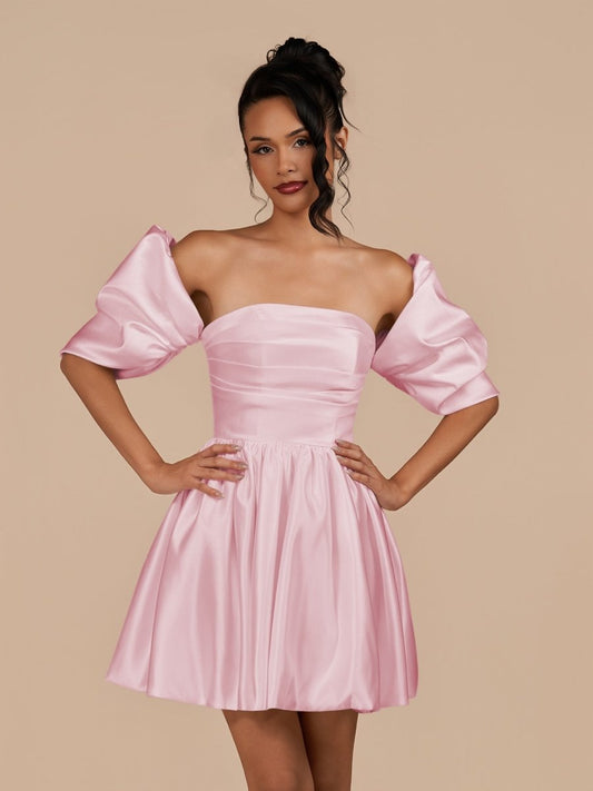 Perenna | Pink - A Line Satin Square Neck Puffed Sleeves Short Homecoming Dresses