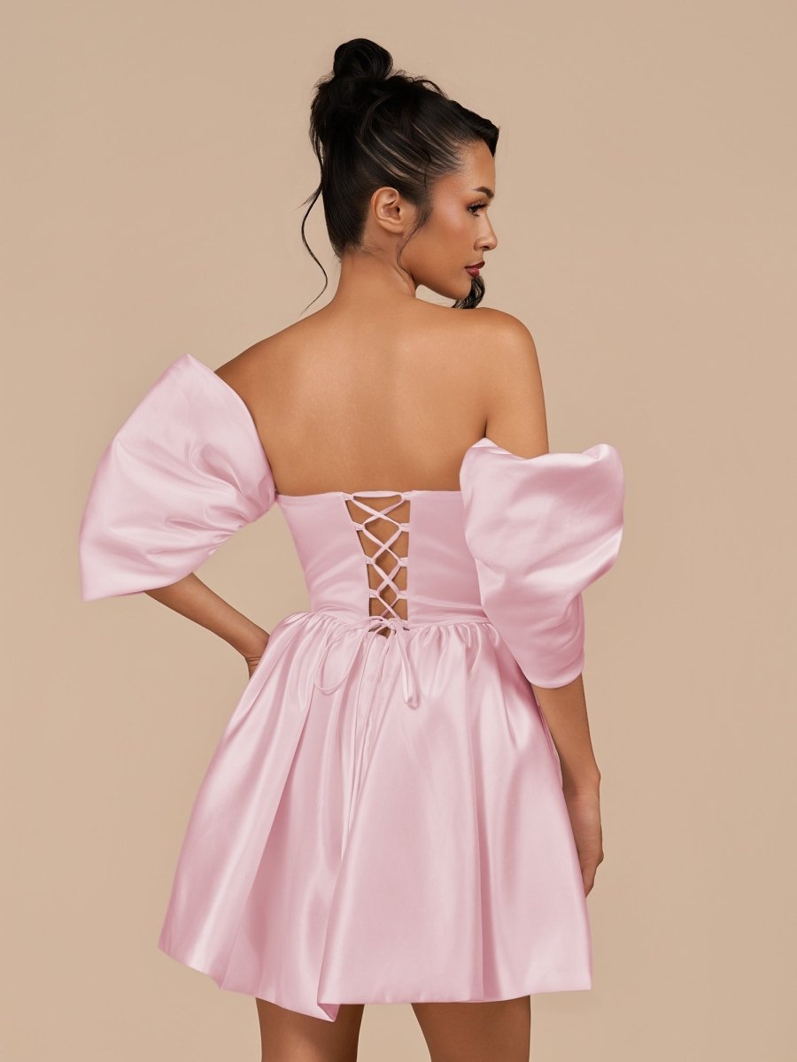 Perenna | Pink - A Line Satin Square Neck Puffed Sleeves Short Homecoming Dresses