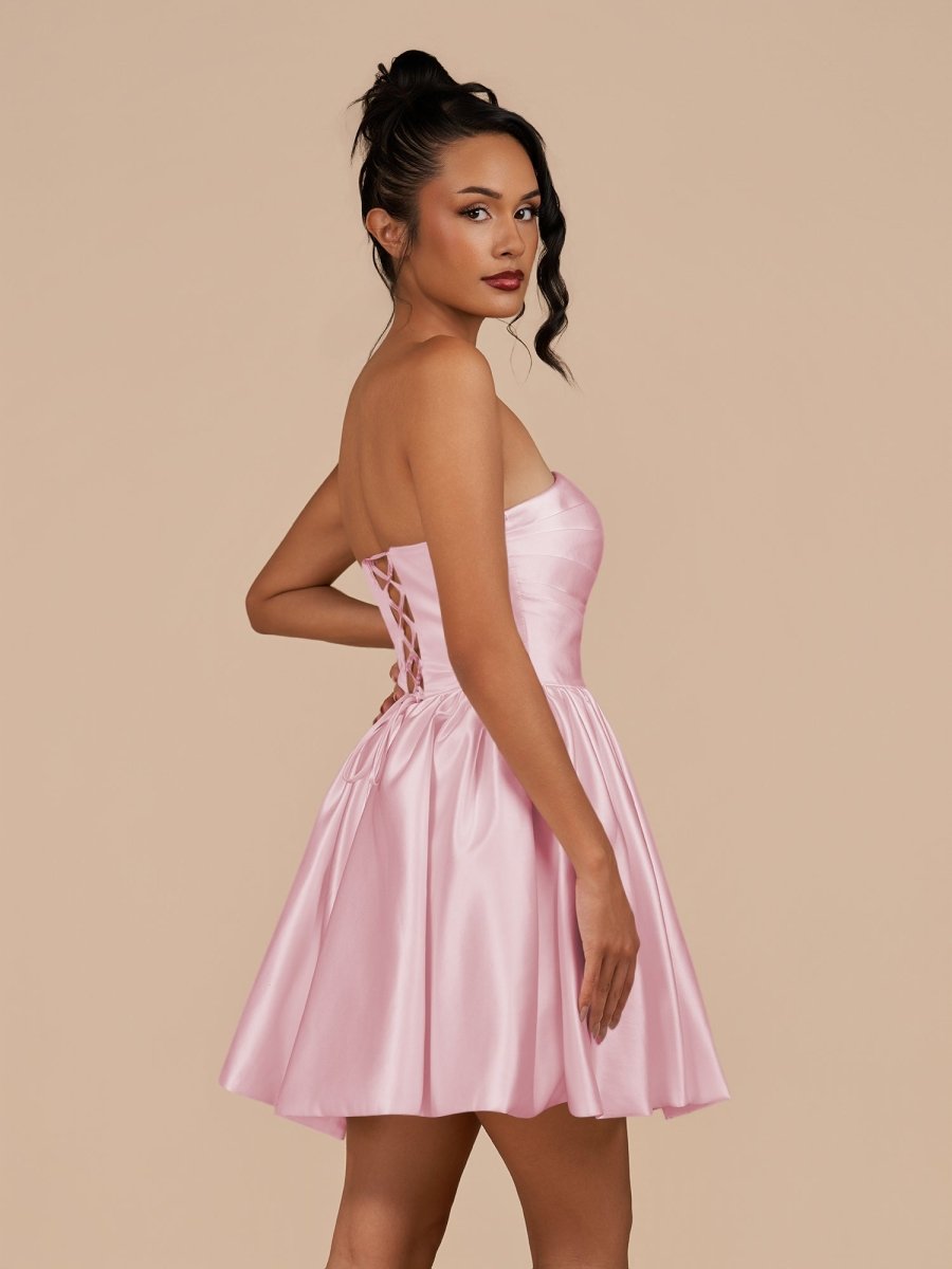 Perenna | Pink - A Line Satin Square Neck Puffed Sleeves Short Homecoming Dresses