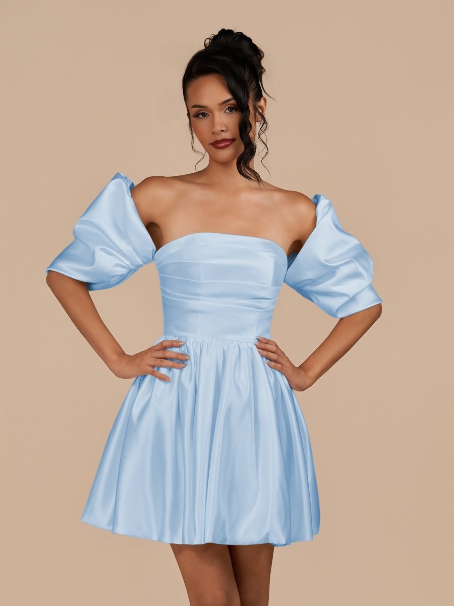 Perenna | Sky Blue - A Line Satin Square Neck Puffed Sleeves Short Homecoming Dresses