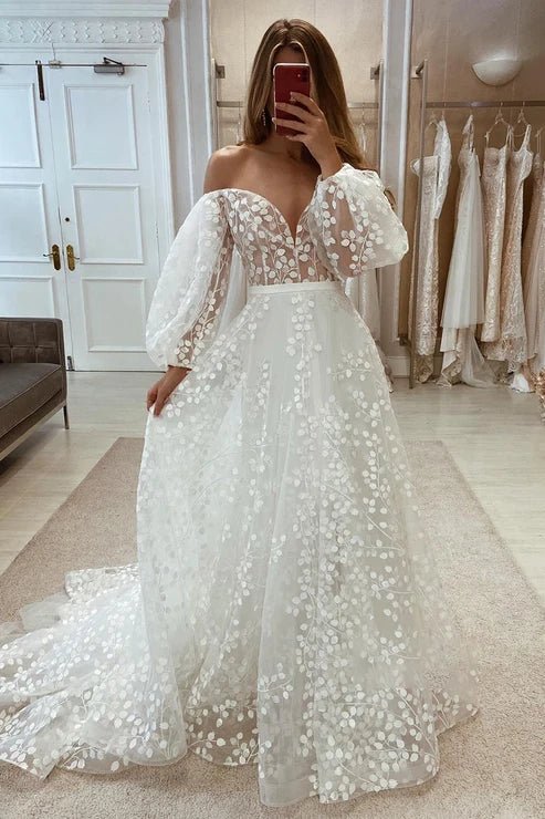 Plunging V-Neck Allover Lace Bohemian Wedding Dress with Sleeves