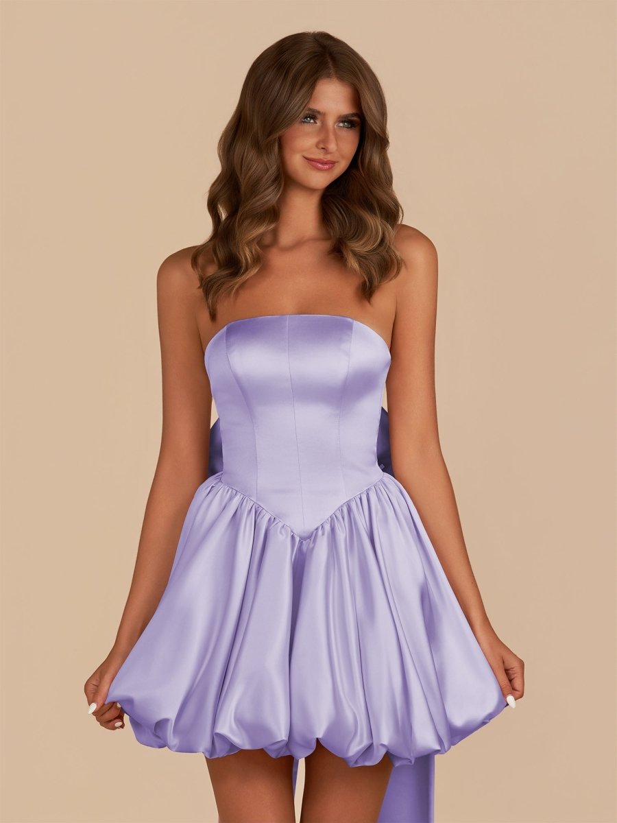 Raelee | Lavender - Strapless A Line Satin Short Homecoming Dress With Bow